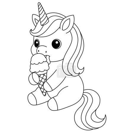 Cute kawaii unicorn eating ice cream coloring page for kids. Animal outline doodle colouring page isolated on white background. Wild animal coloring book for kids 