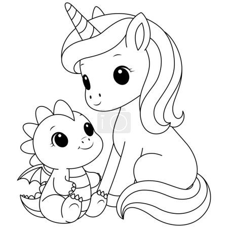 PrintCute kawaii unicorn with baby dragon coloring page for kids. Animal outline doodle colouring page isolated on white background. Wild animal coloring book for kids 