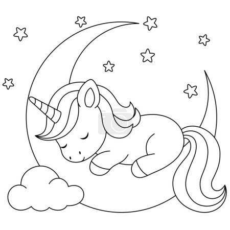 PrintCute kawaii unicorn sleeping on the moon coloring page for kids. Animal outline doodle colouring page isolated on white background. Wild animal coloring book for kids 