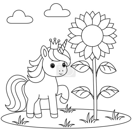 Cute kawaii unicorn and sunflower coloring page for kids. Animal outline doodle colouring page isolated on white background. Wild animal coloring book for kids 