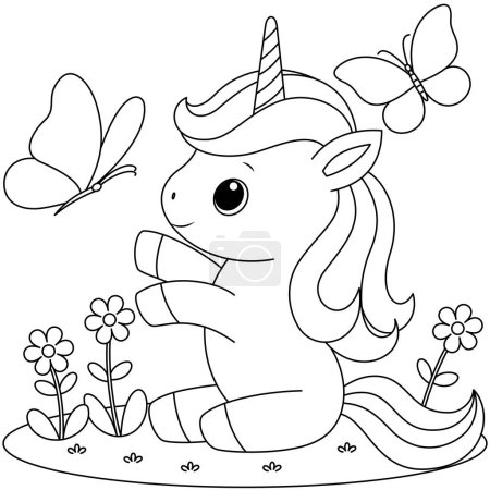 Cute kawaii baby unicorn playing with butterflies coloring page for kids. Animal outline doodle colouring page isolated on white background. Wild animal coloring book for kids