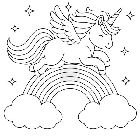 Unicorn with angel wings is flying on the rainbow coloring page for kids. Animal outline doodle colouring page isolated on white background. Wild animal coloring book for kids 