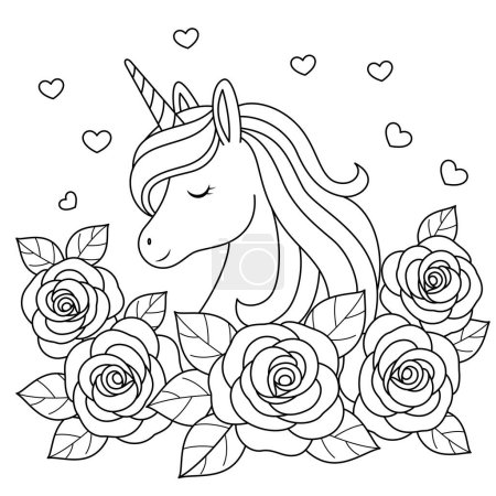 Cute kawaii unicorn and rose flowers coloring page for kids. Animal outline doodle colouring page isolated on white background. Wild animal coloring book for kids