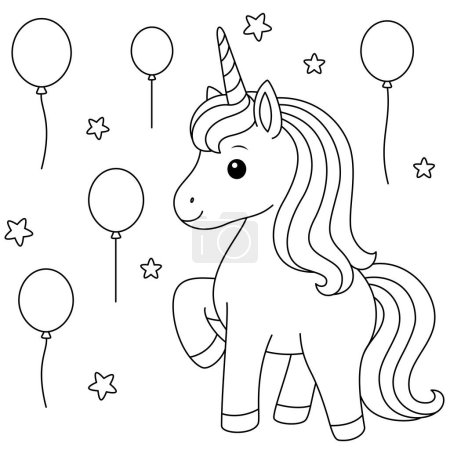 Cute kawaii unicorn with balloons coloring page for kids. Animal outline doodle colouring page isolated on white background. Wild animal coloring book for kids 