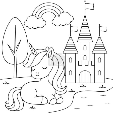 Cute kawaii unicorn and castle coloring page for kids. Animal outline doodle colouring page isolated on white background. Wild animal coloring book for kids 