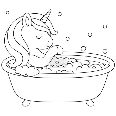 Cute kawaii unicorn is taking a bath coloring page for kids. Animal outline doodle colouring page isolated on white background. Wild animal coloring book for kids 