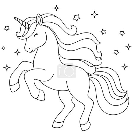 Cute kawaii unicorn is dancing coloring page for kids. Animal outline doodle colouring page isolated on white background. Wild animal coloring book for kids