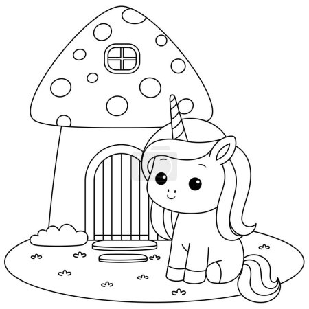 Cute kawaii happy birthday unicorn and mushroom house coloring page for kids. Animal outline doodle colouring page isolated on white background. Wild animal coloring book for kids