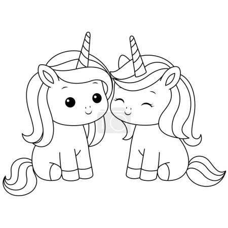 Cute kawaii unicorn with friend coloring page for kids. Animal outline doodle colouring page isolated on white background. Wild animal coloring book for kids
