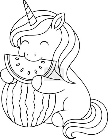 Cute kawaii unicorn is eating watermelon coloring page for kids. Animal outline doodle colouring page isolated on white background. Wild animal coloring book for kids