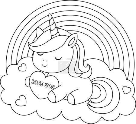 Cute kawaii unicorn is holding love you heart coloring page for kids. Animal outline doodle colouring page isolated on white background. Wild animal coloring book for kids