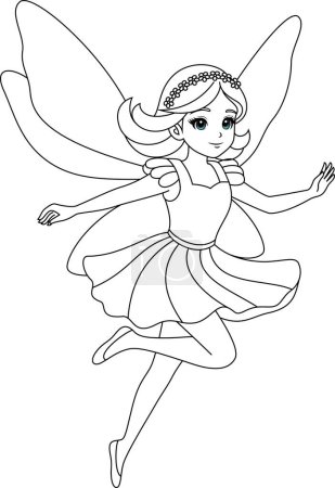 Cute kawaii fairy with sparkling wings flying isolated on white background outline coloring page for kids
