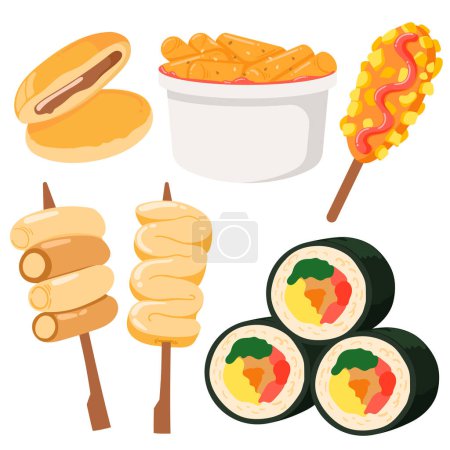 Ensemble d'illustrations vectorielles de la nourriture de rue coréenne incluant Hotteok, Kimbap, Odeng, Sotteok, Tokkebi et Teokbokki