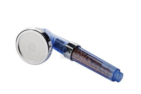Handheld shower head with transparent handle showing blue and brown filter beads, isolated on white.