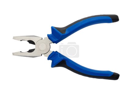 Téléchargez les photos : Pinces électriciens professionnelles avec poignées bleues et noires isolées sur fond blanc, concept d'outil. - en image libre de droit
