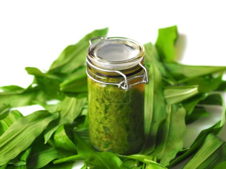 Photo for Wild carlic cooking Allium ursinum pesto conserved in a glass - Royalty Free Image