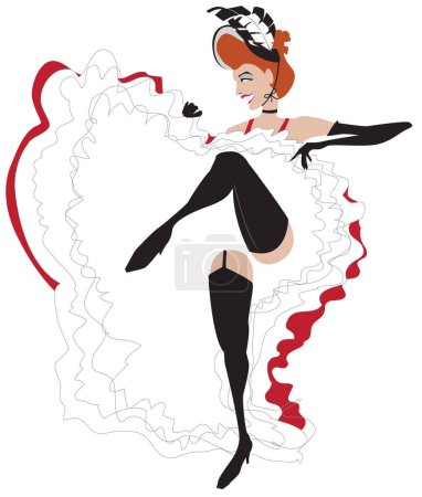 Ilustración de Colorida ilustración vectorial de una bonita bailarina de can-can en un vestido rojo con volantes con pierna en el aire - Imagen libre de derechos