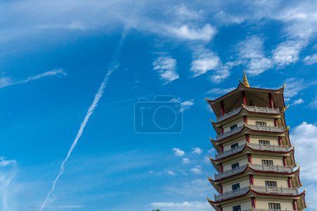 A view of the development and construction of Buddhist Pagodas in Indonesia, Avalokitesvara Graha Monastery is the largest monastery in Southeast Asia with beautiful architecture and clear skies