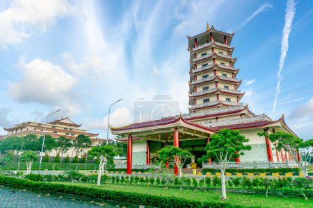 A view of the development and construction of Buddhist Pagodas in Indonesia, Avalokitesvara Graha Monastery is the largest monastery in Southeast Asia with beautiful architecture and clear skies
