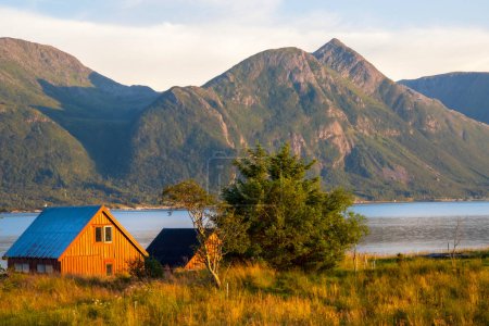A traditional boat house on the shore of the fjord bathed in warm evening light. Aukra Norway . High quality photo