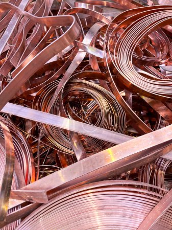 Photo for Copper electro strip some in coils, often used for electric current transfer. High quality photo - Royalty Free Image