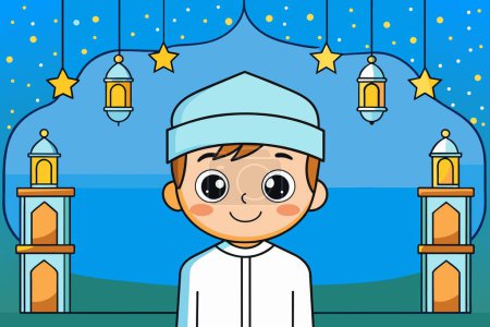 Foto de Un niño con un traje blanco de pie frente a una mezquita - Imagen libre de derechos
