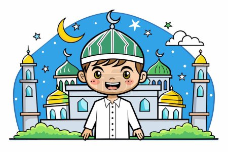 Foto de Un niño con una camisa blanca y un sombrero verde delante de una mezquita - Imagen libre de derechos