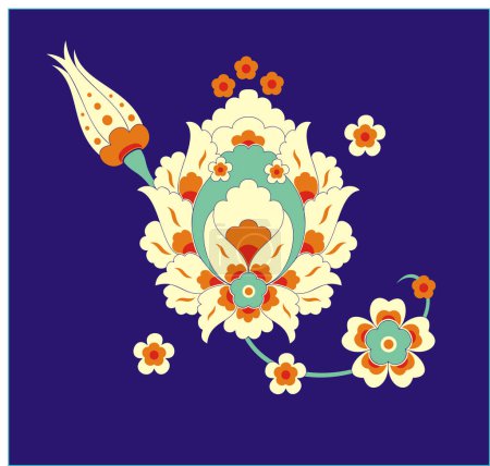 Illustration for Turkish tezhip floral ornament vector illustration on blue color background, suitable for decoration on frames, calligraphy, invitation cards, islamic decoration - Royalty Free Image