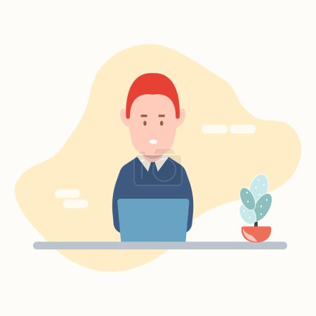 Photo for Man at desktop working with laptop Corporate worker Freelancer or office worker. Vector illustration in simple concept flat style - Royalty Free Image