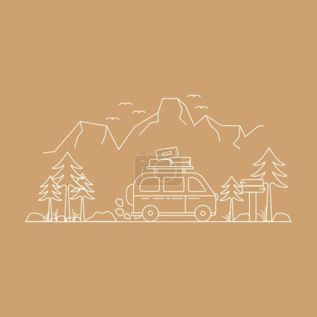 logo vecteur campervan route vers la montagne concept simple rétro vintage autocollant et illustration de vêtements