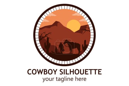 Photo for Logo landscape silhouette of cowboy riding at horse template simple concept vintage design - Royalty Free Image
