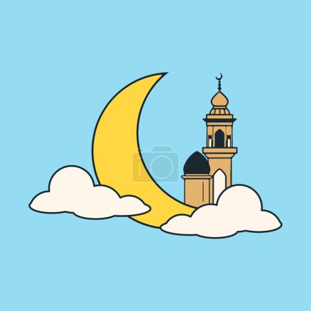 Téléchargez les illustrations : Une tour d'horloge de mosquée ou de masjid avec un croissant dans le ciel - en licence libre de droit