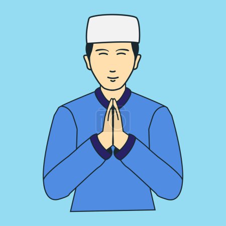 Téléchargez les illustrations : Un homme en chemise bleue et chapeau blanc prie ou fait un geste de pose. - en licence libre de droit