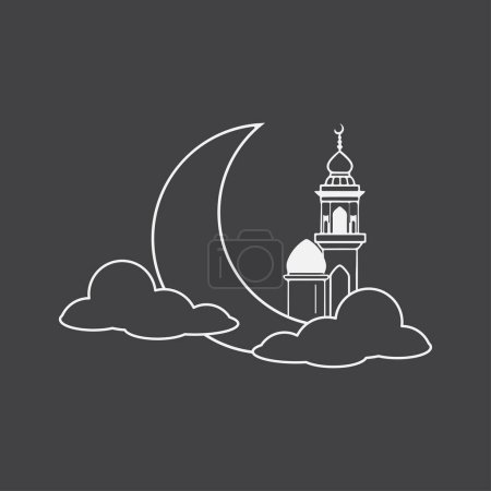 Téléchargez les illustrations : Une mosquée avec un croissant et une lune. une tour d'horloge de mosquée ou de masjid avec un croissant dans le ciel avec fond de couleur noir et blanc ou en niveaux de gris - en licence libre de droit
