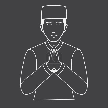 Téléchargez les illustrations : Un homme en prière musulmane. Homme musulman pose bienvenue en noir et blanc ou fond de couleur niveaux de gris. Décrivez les gens illustration de dessin animé de l'icône vectorielle. - en licence libre de droit