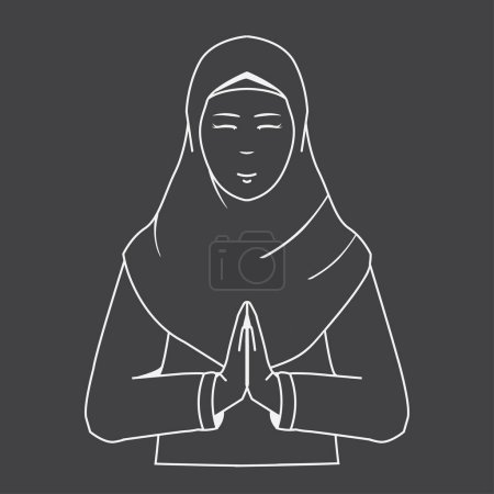 Téléchargez les illustrations : Une femme dans un hijab priant. Femme musulmane asiatique ou musulmane portant le hijab avec geste de pose de la main saluant. Icône vectorielle en noir et blanc ou en dégradé de gris. - en licence libre de droit