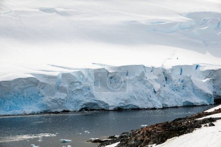 Foto de Sitio de la colonia de pingüinos Chinstrap frente al glaciar de la Isla Dos Hummock, Península Antártica, Antártida - Imagen libre de derechos