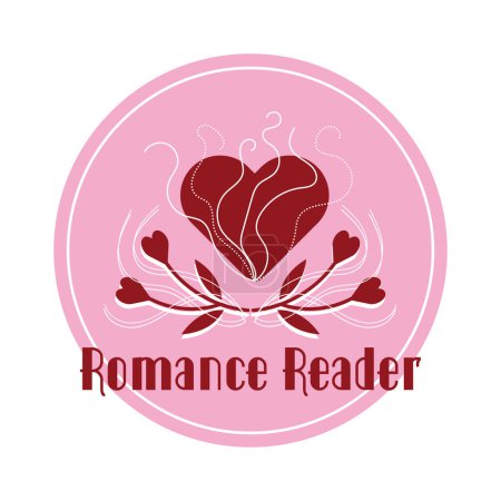 Romance reader. Funny romantic book quotes with cute red heart. Love novel reading sign. Literary genre. Romantic, book lover phrases. Isolated hand drawn vector illustration