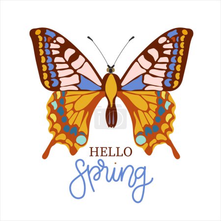 Ilustración de Hola Primavera dibujado a mano ilustración vector plano. Letras temporada de primavera con mariposa para tarjeta de felicitación - Imagen libre de derechos