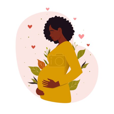 Téléchargez les illustrations : Une femme enceinte afro-américaine tient son ventre. Belles feuilles décorées. Belles feuilles décorées. Illustration vectorielle - en licence libre de droit