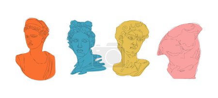 Illustration for Ancient greek sculptures. Greece mythology statues hand drawn one continuous line, david goddess head torso. Vector art - Royalty Free Image