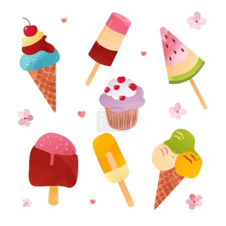 Illustration for Collection of watercolor illustrations of ice cream isolated on white. Summer Illustration Sweet Fast Food - Royalty Free Image