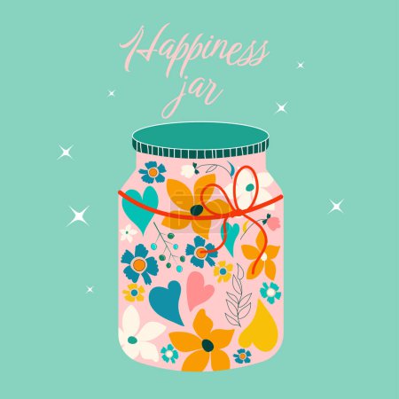 Illustration for Mason jar with flowers. Retro garden style glass jar full of flowers and hearts. Modern hand-drawn vector illustration. Happiness jar and trendy text. Beautiful isolated element for web and print. - Royalty Free Image