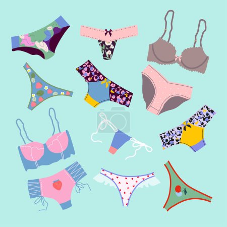 Illustration for Trendy female underwear, lingerie set. Panties, bikinis and bras. Modern hand drawn colorful collection of women's underwear. Beautiful pattern thongs and lace bras. Sensuality and femininity concept. - Royalty Free Image