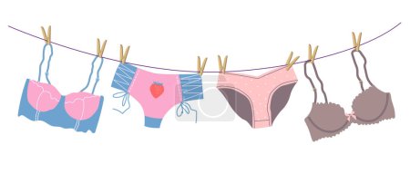 Illustration for Women's lingerie sets hang on a rope. The underwear is dried after washing. Various options for panties, bras. Vector flat illustration, hand drawn for design. - Royalty Free Image