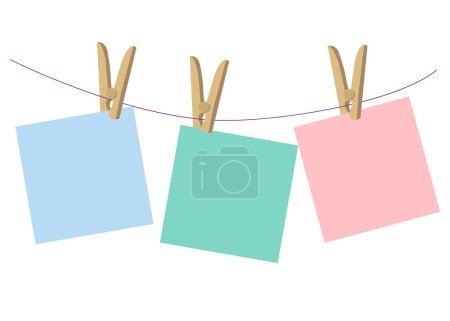 Illustration for Vector blank post-its.Multi-colored note paper on a white background hangs on a rope. - Royalty Free Image