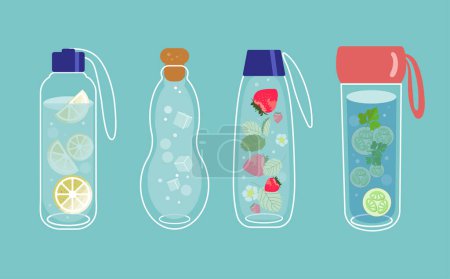 Illustration for Infused water in glass bottles. Fruits and vegetables in a water. Detox and refreshment drink concept. Trendy vector isolated elements on a blue background. Modern illustration for web and print. - Royalty Free Image
