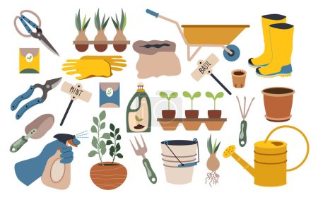 Illustration for Home garden tool set. Vector isolated cute spring garden elements clay pots, onion flowers, seeds, gardeners tool. - Royalty Free Image