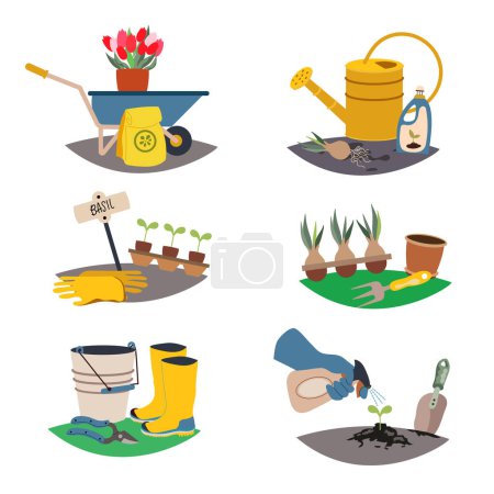 Illustration for Set of isolated garden design compositions of colored decorative icons with handcart watering can rubber boots inventory for agriculture work flat vector illustration - Royalty Free Image