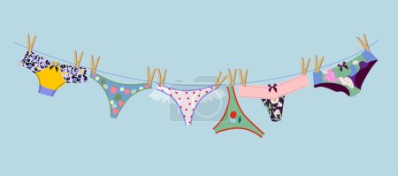 Illustration for Women's panties hanging on a rope. The underwear is dried after washing. Various options for panties. Vector flat illustration, hand drawing for design. - Royalty Free Image